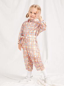 SHEIN Jumpsuit bé gái Thắt lưng Tương phản ren Nút phía trước Sọc ca rô Sẵn sàng - Nhiều màu - Xem 5