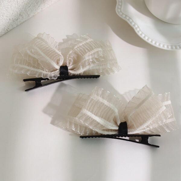 

2pcs Toddler Girls Bow Decor Hair Clip, Beige