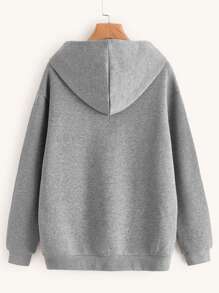 INAWLY Letter Graphic Kangaroo Pocket Drop Shoulder Drawstring Thermal Hoodie - Grey - View 2