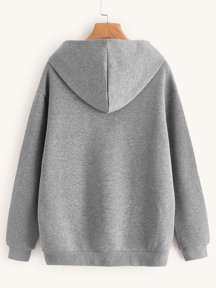 INAWLY Letter Graphic Kangaroo Pocket Drop Shoulder Drawstring Thermal Hoodie - Grey - View 2