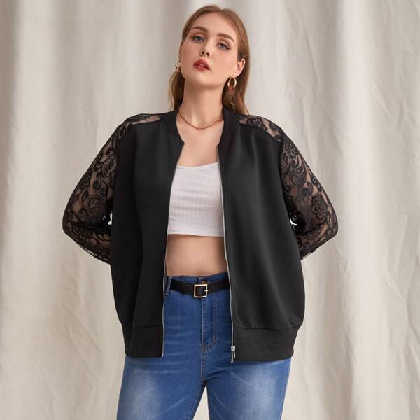

Plus Lace Panel Zip Up Bomber Jacket, Black