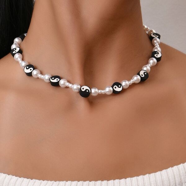 

Yin & Yang Beaded Necklace, Black and white