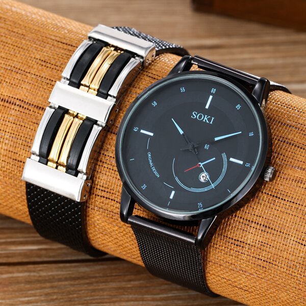 

1pc Men Mesh Strap Round Pointer Date Quartz Watch & 1pc Bracelet