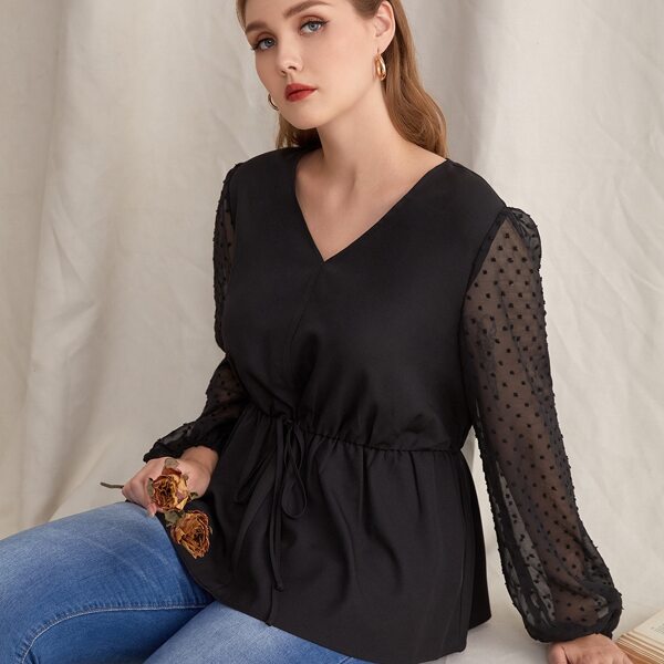 

Plus Swiss Dot Contrast Sleeve Babydoll Blouse, Black