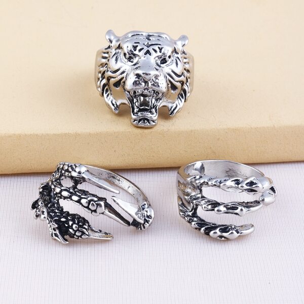 

3pcs Men Animal Decor Ring, Antique silver