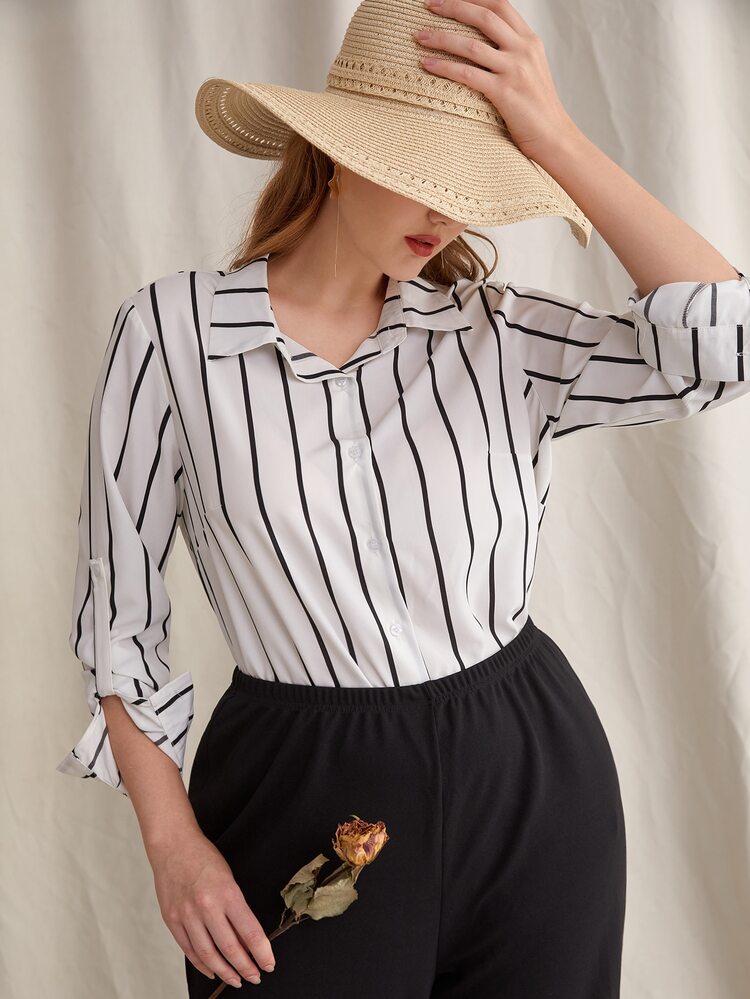 Plus Striped Button Through Blouse - White - View 1