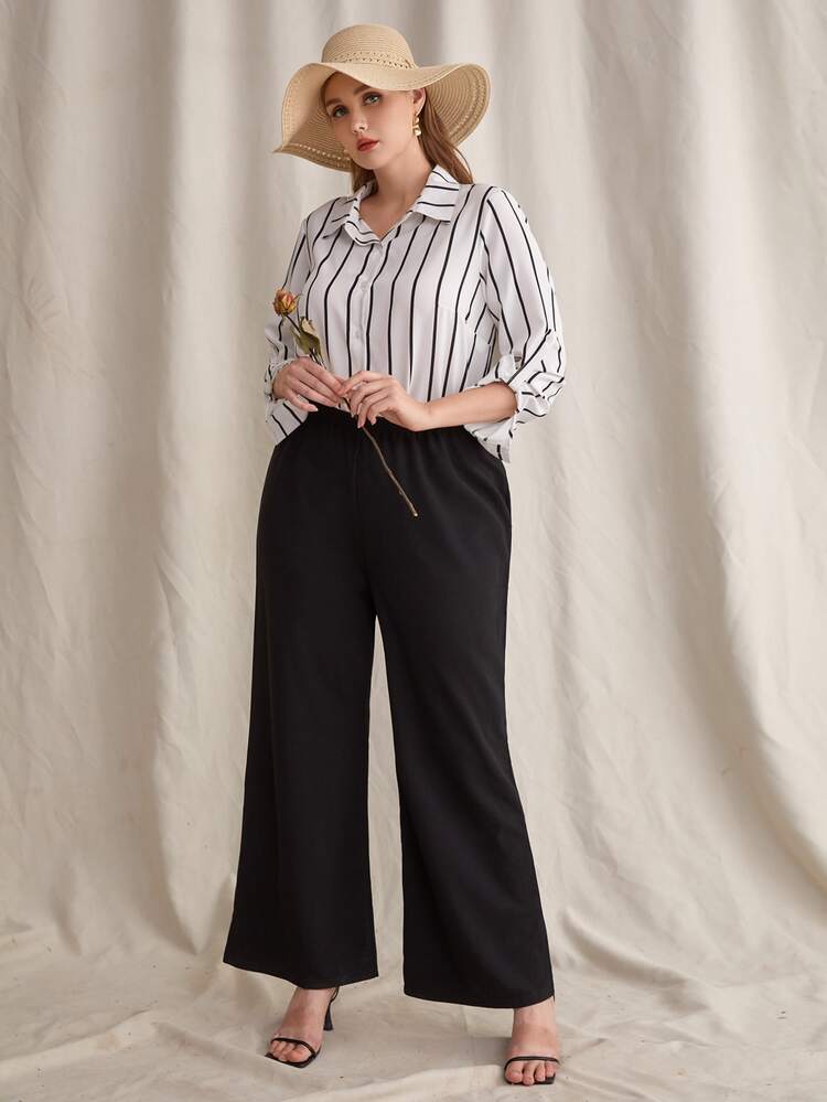 Plus Striped Button Through Blouse - White - View 5