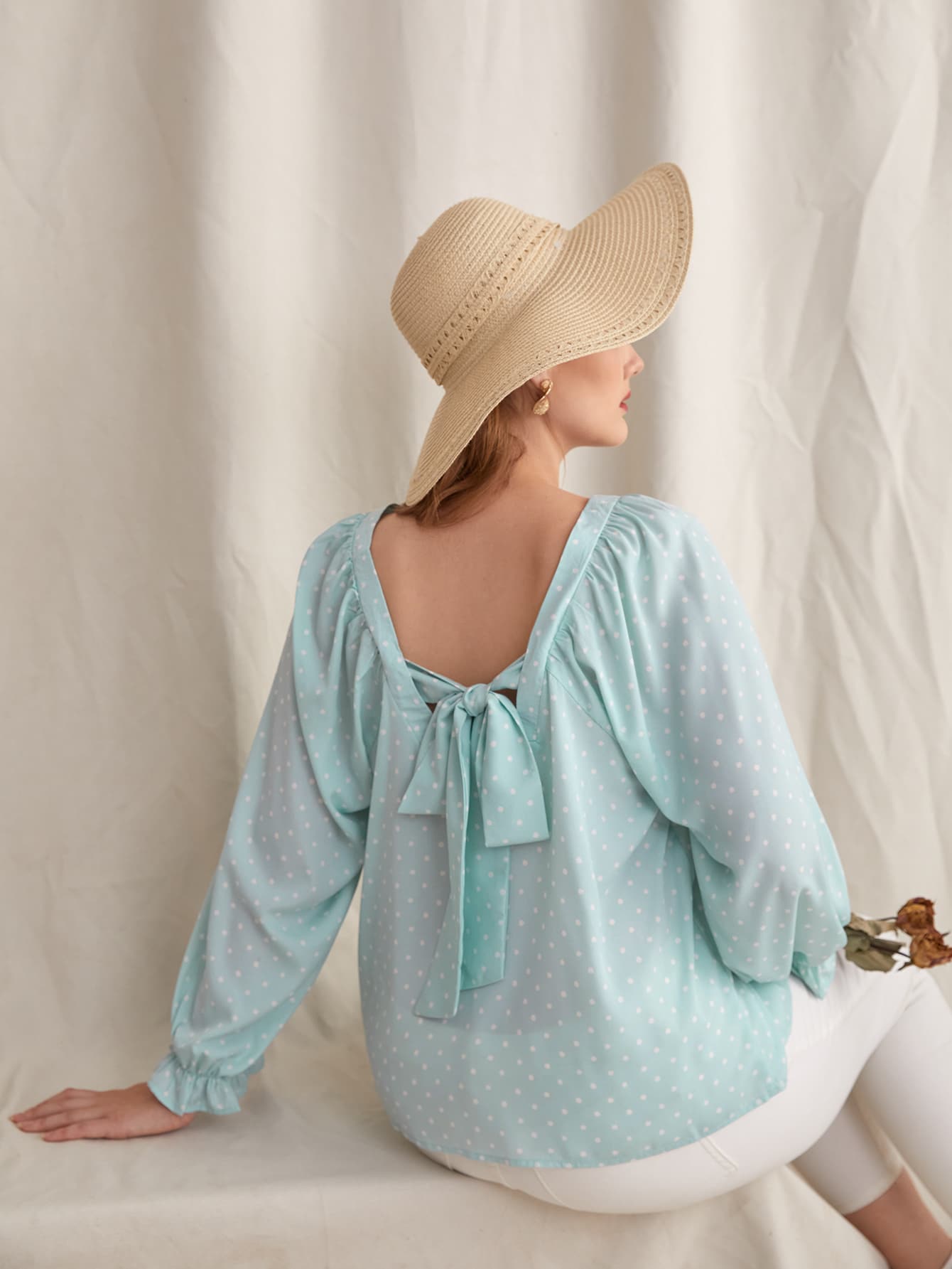 Plus Polka Dot Tie Back Blouse - Mint Green - View 1