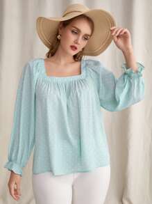 Plus Polka Dot Tie Back Blouse - Mint Green - View 2