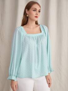 Plus Polka Dot Tie Back Blouse - Mint Green - View 4