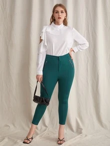 Plus High Waist Zip Side Leggings - Green - View 3