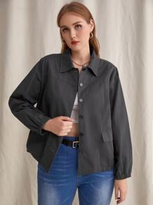 áo khoác kích thước lớn Nút Túi màu trơn Giải trí - màu đen - Xem 1