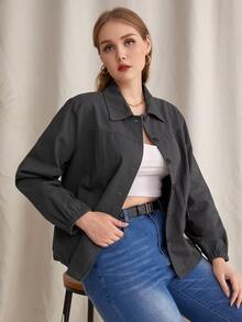 áo khoác kích thước lớn Nút Túi màu trơn Giải trí - màu đen - Xem 3