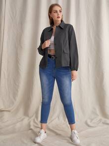 áo khoác kích thước lớn Nút Túi màu trơn Giải trí - màu đen - Xem 5