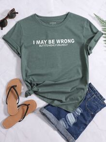 SHEIN LUNE Áo thun nữ Slogan Giải trí - Màu xanh lá cây đậm - Xem 1