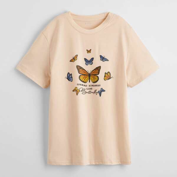 

Butterfly & Slogan Graphic Tee, Apricot