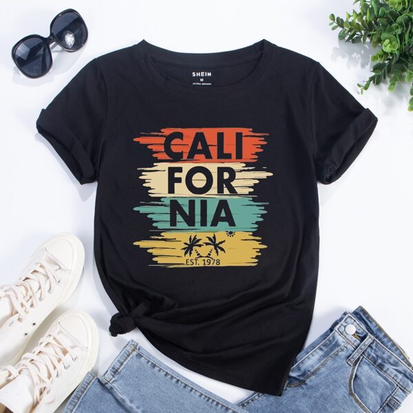 

Letter & Palm Tree Print Tee, Black