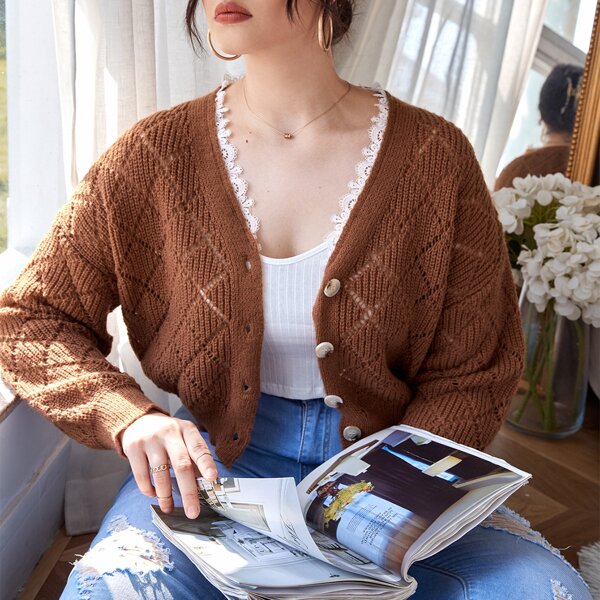 

Plus Guipure Lace Trim Pointelle Knit Drop Shoulder Cardigan, Coffee brown