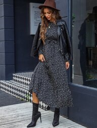 EMERY ROSE Ditsy Floral Keyhole Back Bishop Sleeve Ruffle Hem Belted Dress Maxi Women Outfit Fall Cloth For Women