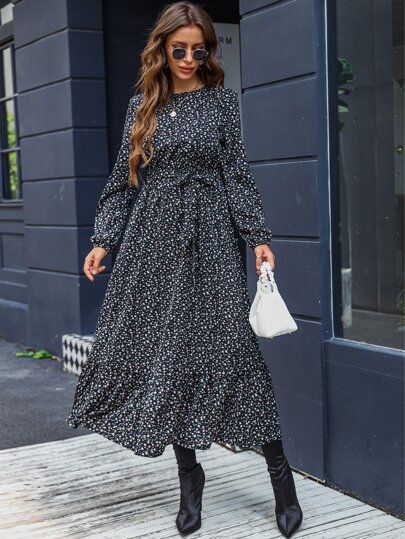 EMERY ROSE Ditsy Floral Keyhole Back Bishop Sleeve Ruffle Hem Belted Dress Maxi Women Outfit Fall Cloth For Women