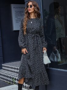 EMERY ROSE 碎花锁孔后背主教袖荷叶边下摆系带连衣裙长款女装