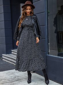 EMERY ROSE 碎花锁孔后背主教袖荷叶边下摆系带连衣裙长款女装