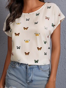 SHEIN LUNE Allover Butterfly Print Top - White - View 1