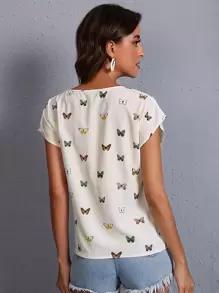 SHEIN LUNE Allover Butterfly Print Top - White - View 2