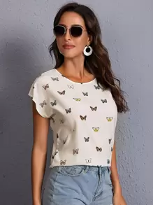 SHEIN LUNE Allover Butterfly Print Top - White - View 3