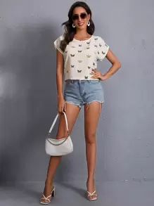 SHEIN LUNE Allover Butterfly Print Top - White - View 4