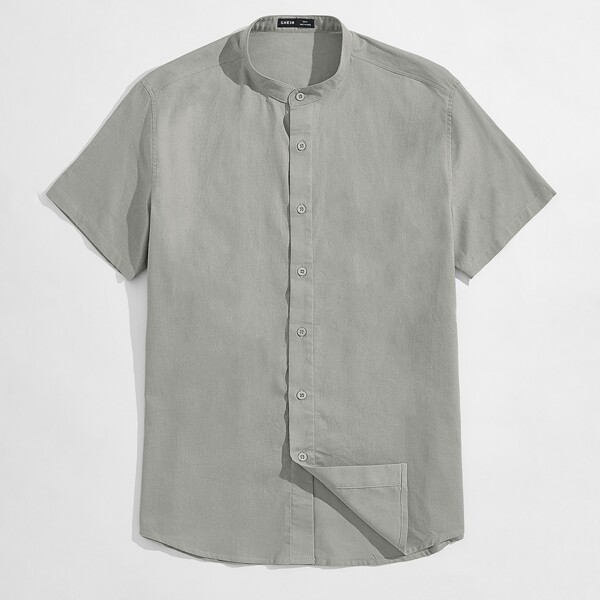 

Men Solid Mock Neck Single Breasted Shirt, Light grey