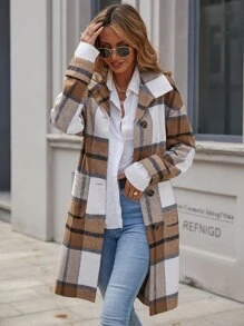 SHEIN LUNE Plaid Dual Pockets Single Breasted Overcoat