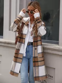 SHEIN LUNE Plaid Dual Pockets Single Breasted Overcoat