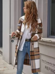 SHEIN LUNE Plaid Dual Pockets Single Breasted Overcoat