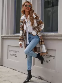 SHEIN LUNE Plaid Dual Pockets Single Breasted Overcoat
