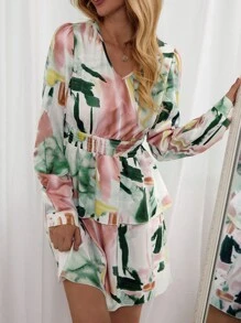 SHEIN LUNE 筆刷圖案腰部打褶多層下擺連衣裙 - 彩色 - 查看 1