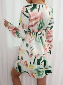 SHEIN LUNE 筆刷圖案腰部打褶多層下擺連衣裙 - 彩色 - 查看 2