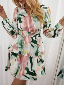 SHEIN LUNE 筆刷圖案腰部打褶多層下擺連衣裙 - 彩色 - 查看 4