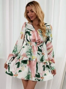 SHEIN LUNE 筆刷圖案腰部打褶多層下擺連衣裙 - 彩色 - 查看 5