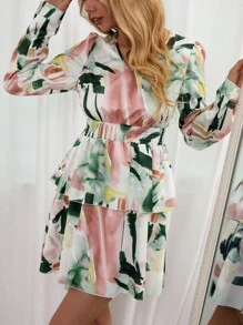 SHEIN LUNE 筆刷圖案腰部打褶多層下擺連衣裙 - 彩色 - 查看 6