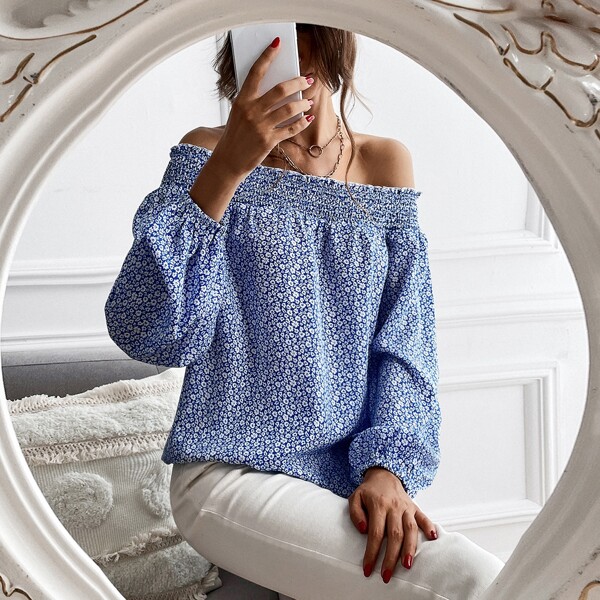 

Ditsy Floral Off Shoulder Bishop Sleeve Blouse, Blue and white