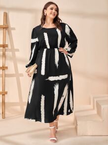 Plus Brush Print A-line Dress - Black and White - View 1