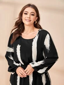 Plus Brush Print A-line Dress - Black and White - View 3