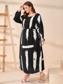 Plus Brush Print A-line Dress - Black and White - View 4