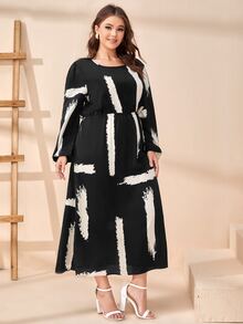 Plus Brush Print A-line Dress - Black and White - View 5