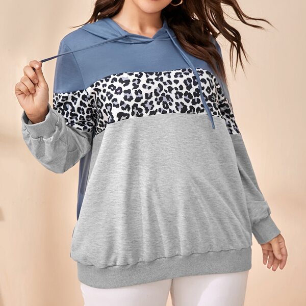 

Plus Contrast Leopard Print Drawstring Hoodie, Multicolor