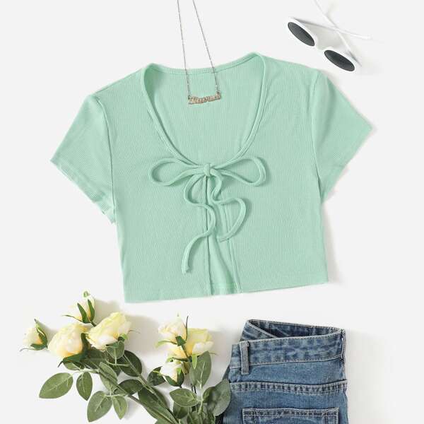 

Knot Front Ribbed Knit Top, Mint green