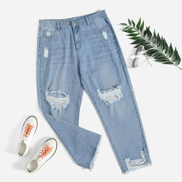 

Plus Ripped Detail Straight Leg Jeans, Light wash