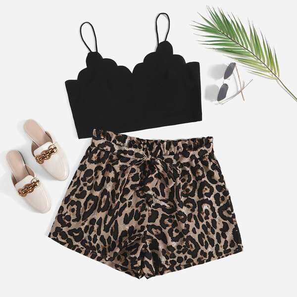 

Plus Scallop Trim Cami Top & Paperbag Waist Belted Leopard Shorts Set, Multicolor