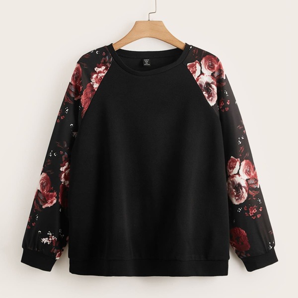 

Plus Floral Print Raglan Sleeve Pullover, Black